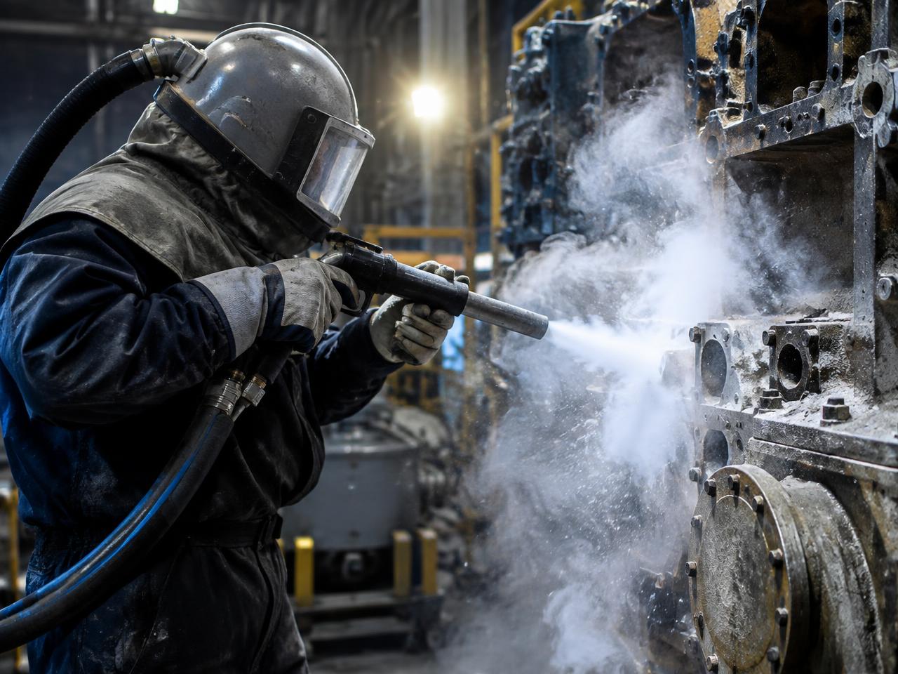 Operator dry ice blasting industrial machinery