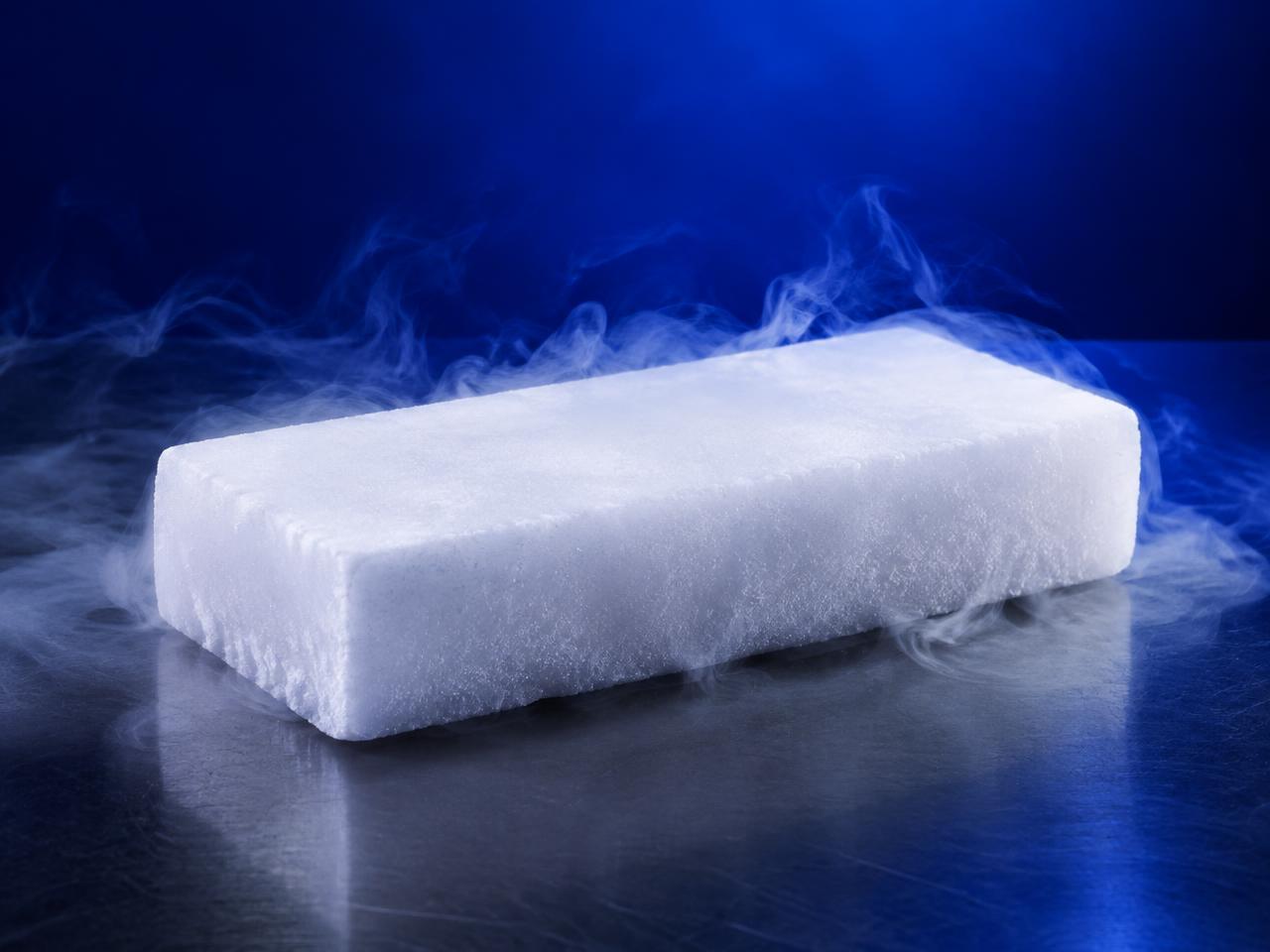 Rectangular 5 lb dry ice block with cold vapor on a stainless surface