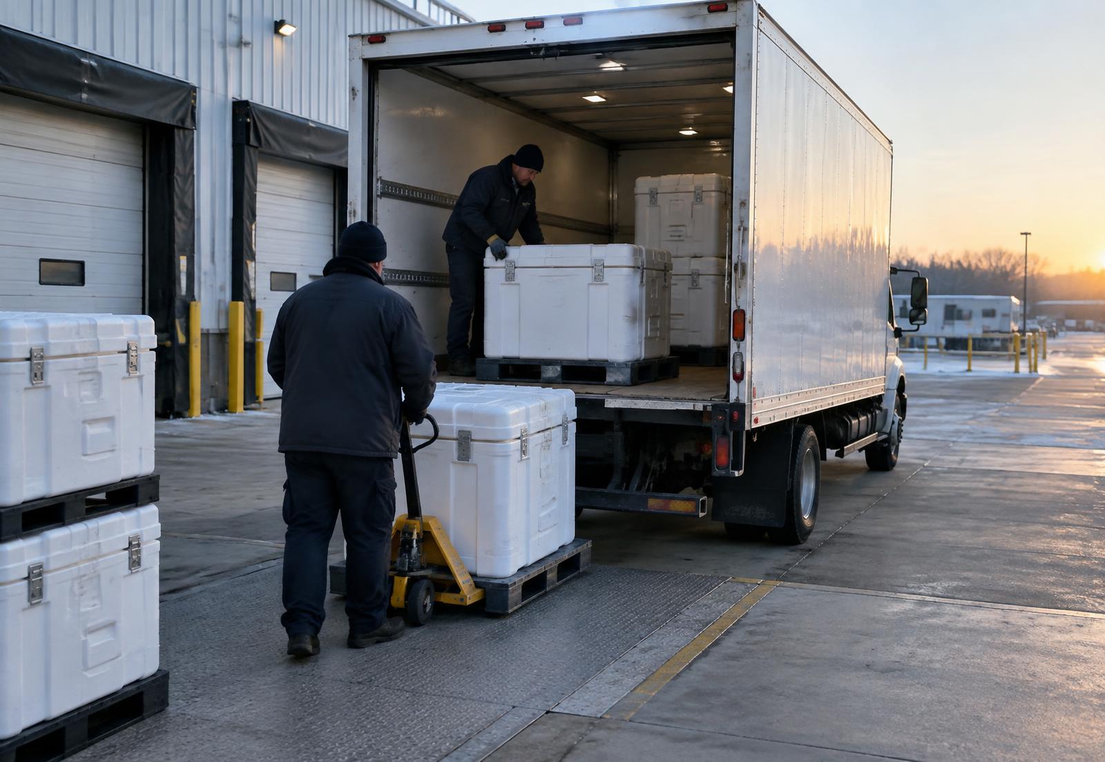 Commercial box truck being loaded with insulated dry ice containers