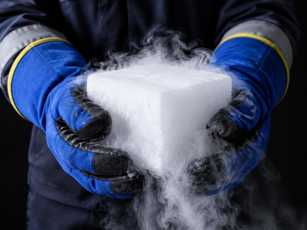 Insulated gloves holding a block of dry ice